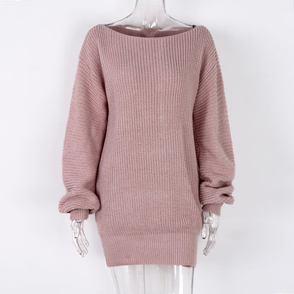 Autumn and Winter Long-sleeved One-shoulder Casual Loose Knitted Sweater Dress for Women