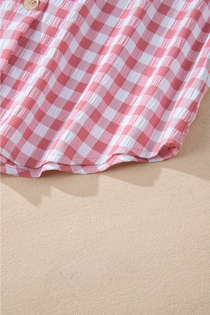 Pink Gingham Print Chest Pockets Buttoned Collared Shirt Top of Women