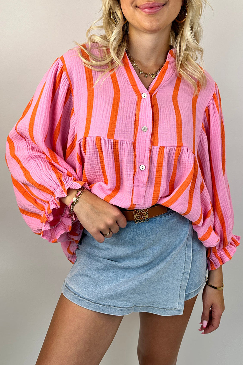 Orange Stripe Crinckled Ruffled Sleeve Button up Loose Shirt Top for Women