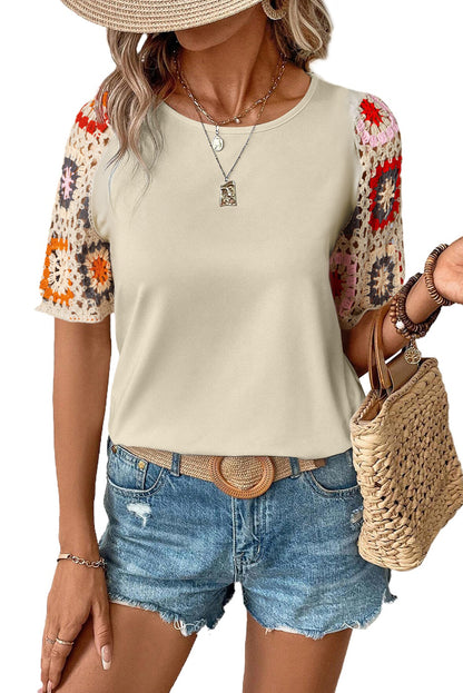 Medium Grey Floral Crochet Short Sleeve Top Tee T-shirt