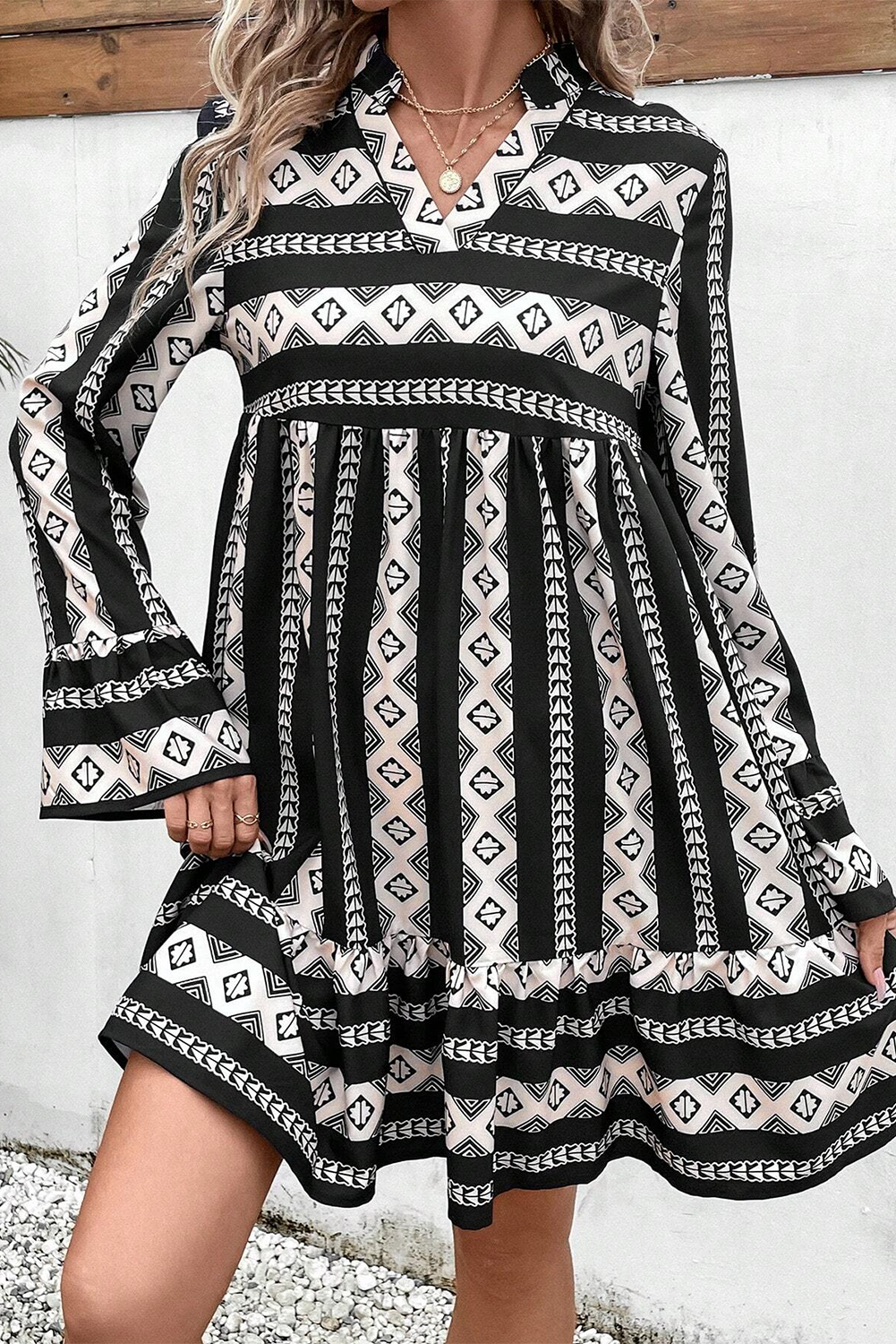 Black Boho Geometric Printed Flared Long Sleeve Mini Dress for Women