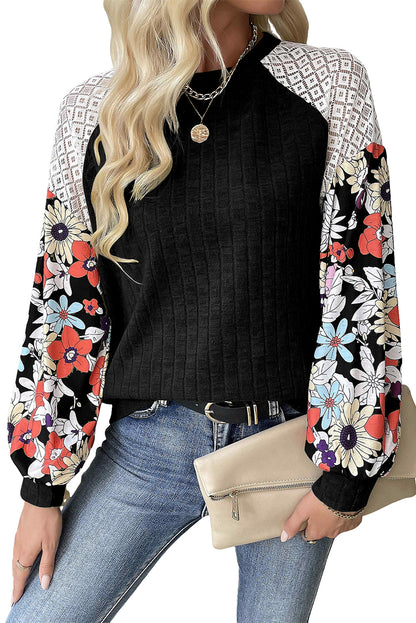 Black Floral Patchwork Long Sleeve Ribbed Blouse Top of Women