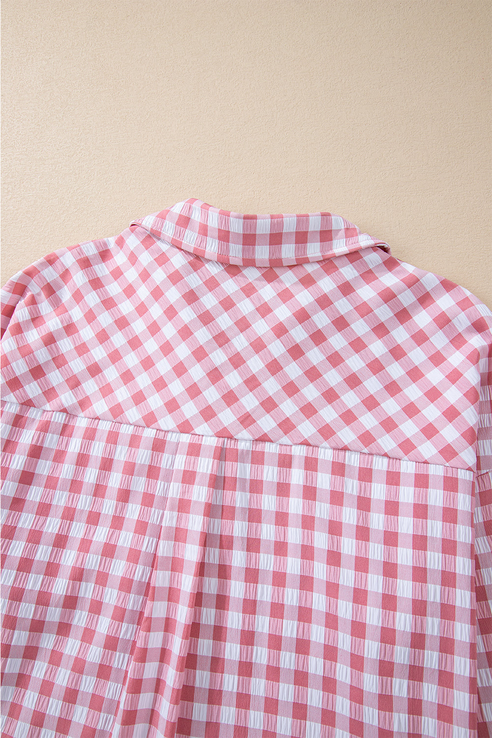 Pink Gingham Print Chest Pockets Buttoned Collared Shirt Top of Women