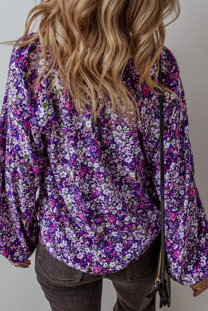 Purple Boho Flower Split V Neck Bubble Sleeve Blouse Top for Women