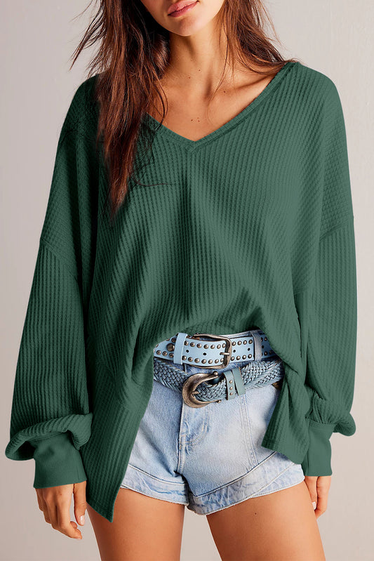 Blackish Green Waffle V Neck Long Sleeve Drop Shoulder Loose Blouse