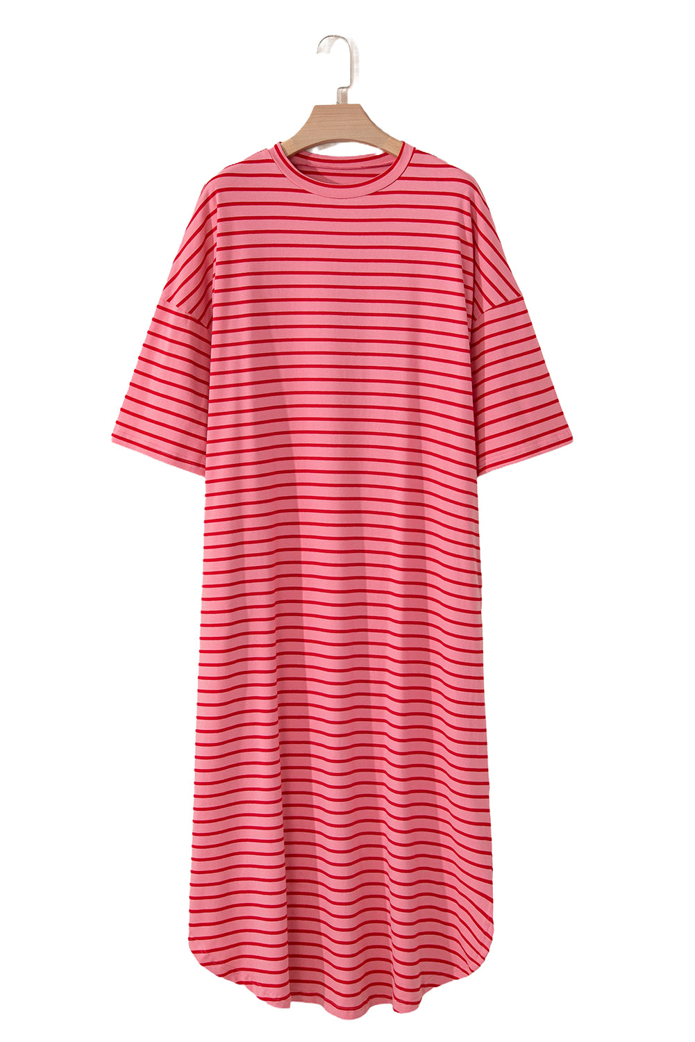 Strawberry Pink Striped 3/4 Sleeve Round Hem Shift T Shirt Dress for Women