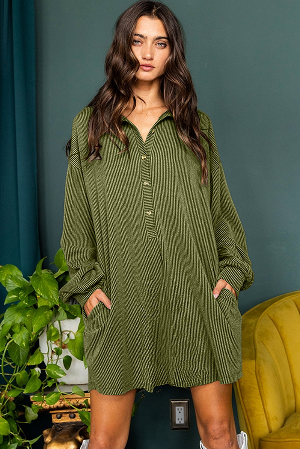 Moss Green Corded Buttons Placket Drop Shoulder Collared Shift Dress for Women