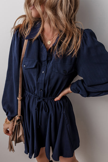 Navy Blue Solid Chest Pockets Tunic Shirt Mini Dress for Women