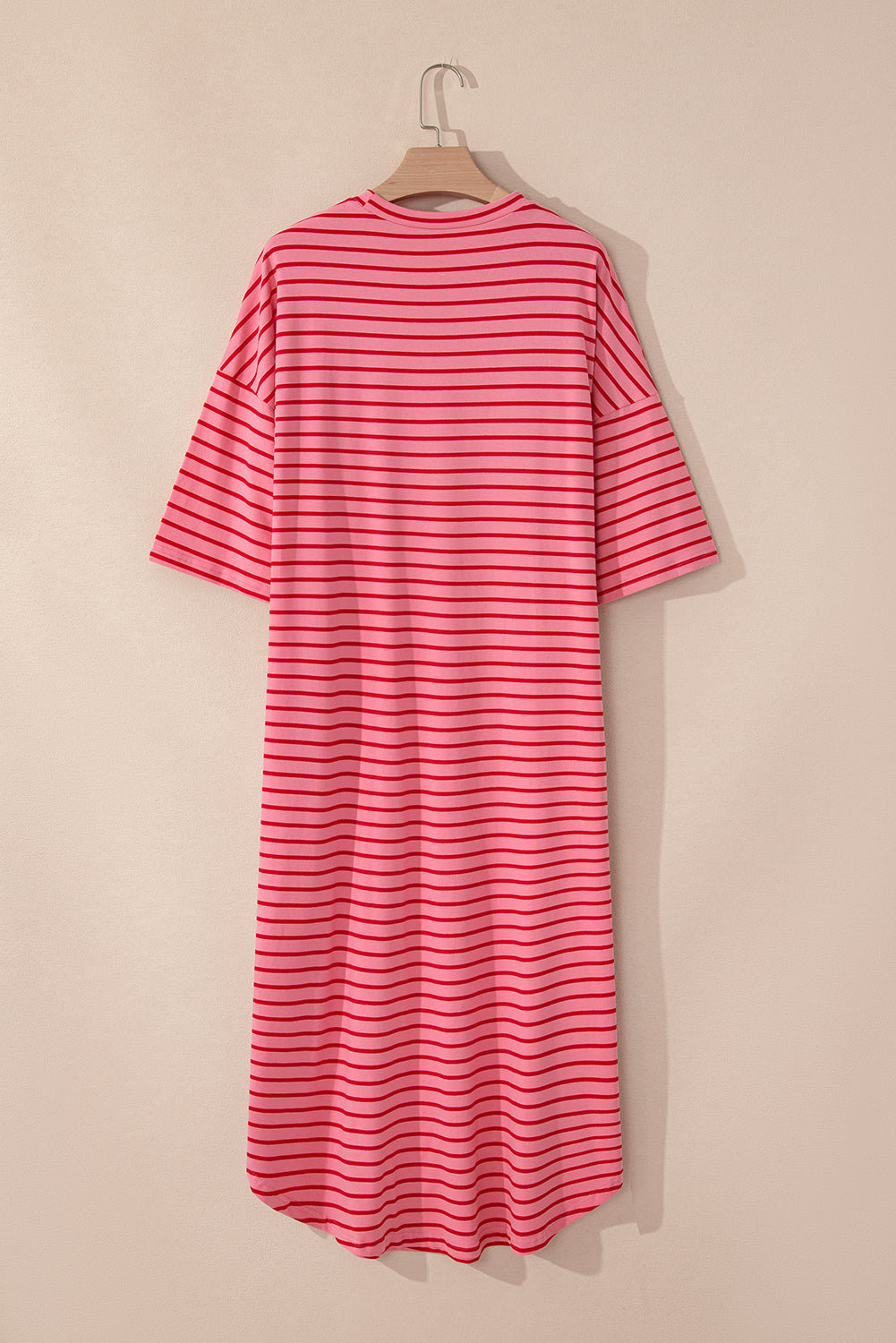 Strawberry Pink Striped 3/4 Sleeve Round Hem Shift T Shirt Dress for Women