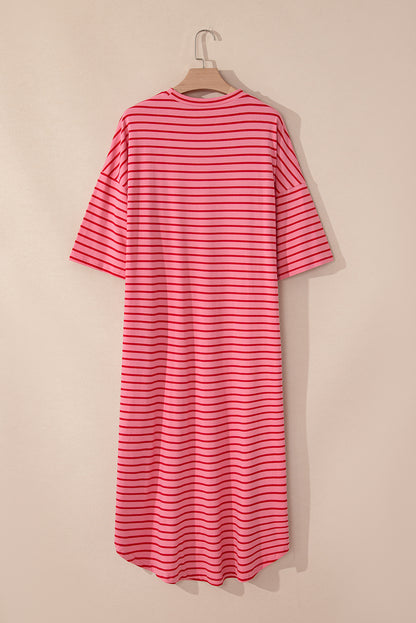 Strawberry Pink Striped 3/4 Sleeve Round Hem Shift T Shirt Dress for Women