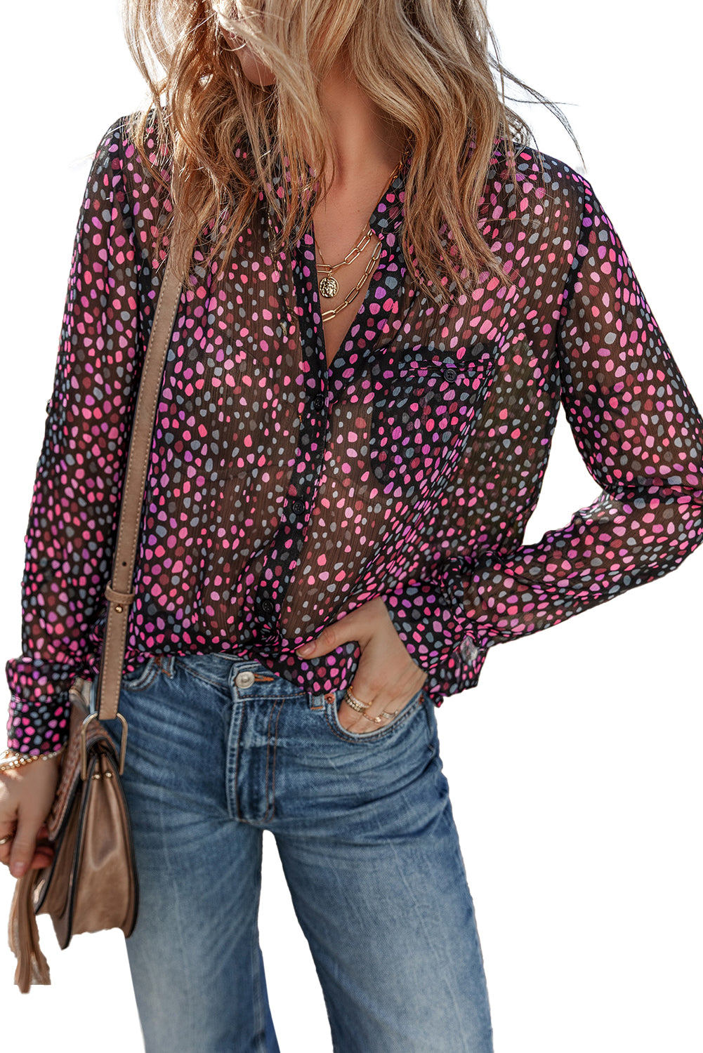 Grape Wine Polka Dot Printed Buttoned Casual Shirt Top of Women