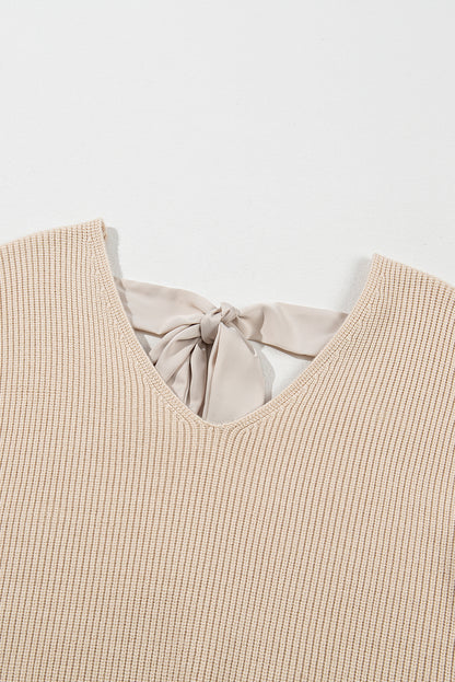 Apricot Lantern Sleeve V Neck Knot Back Sweater