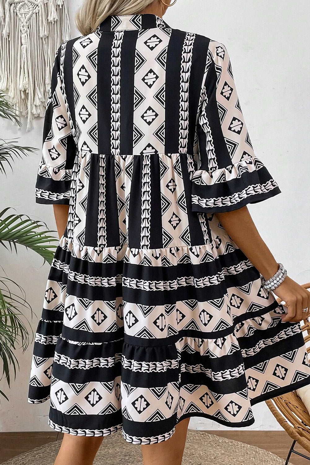 Blue Geometric Print V Neck Ruffled Dress