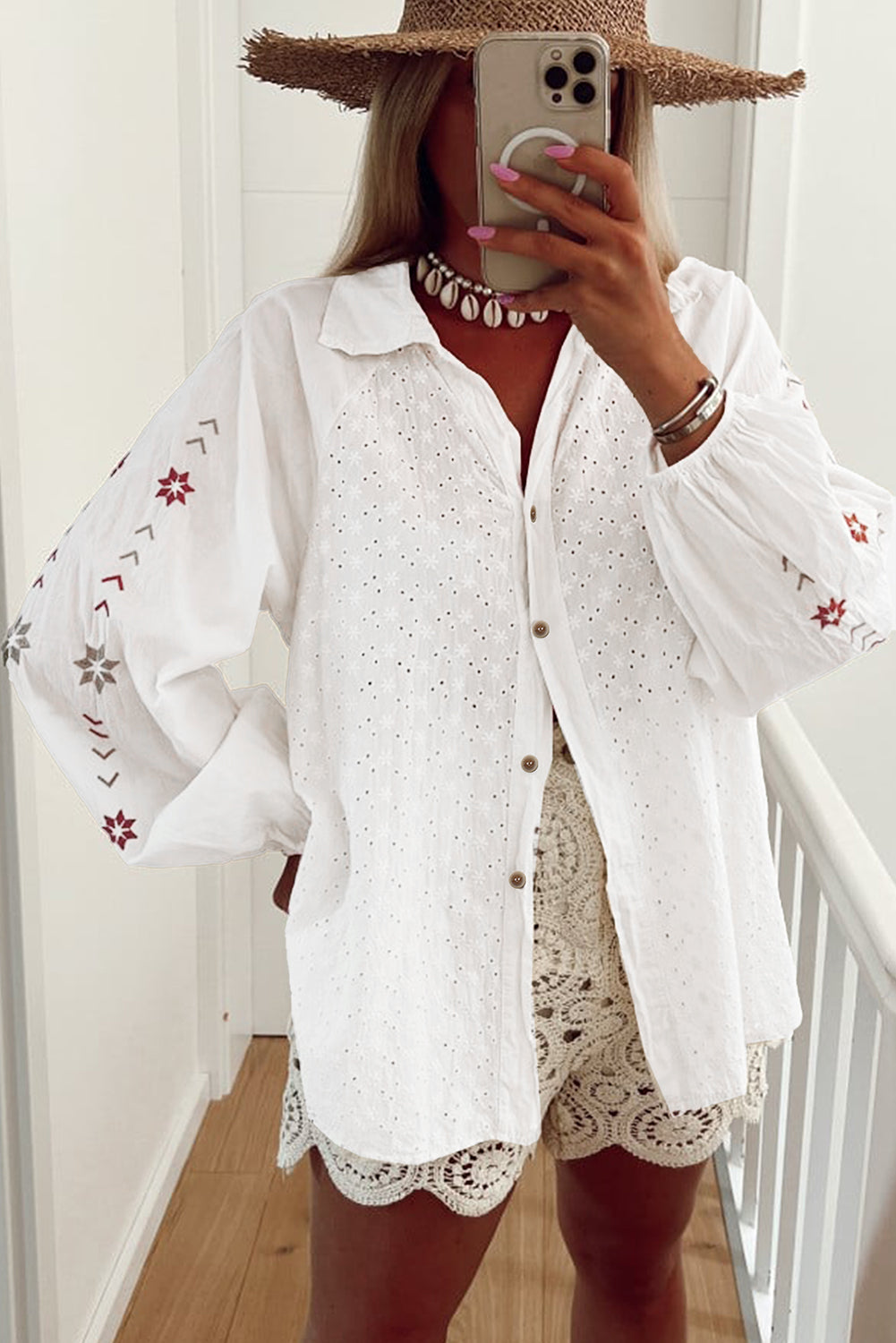 White Floral Embroidered Puff Sleeve Eyelet Patchwork Shirt Top for Women