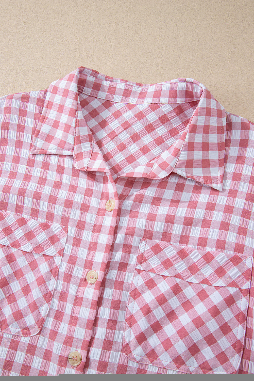 Pink Gingham Print Chest Pockets Buttoned Collared Shirt Top of Women