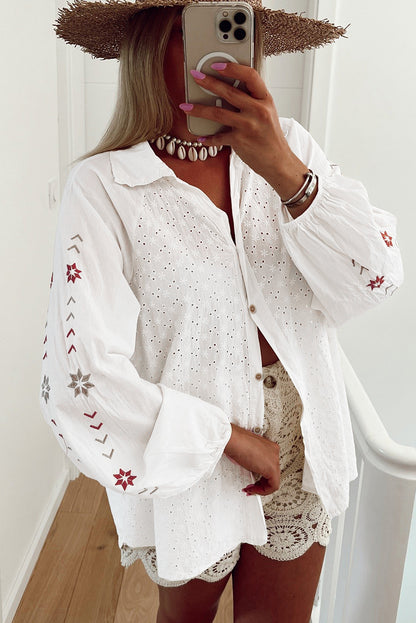 White Floral Embroidered Puff Sleeve Eyelet Patchwork Shirt Top for Women