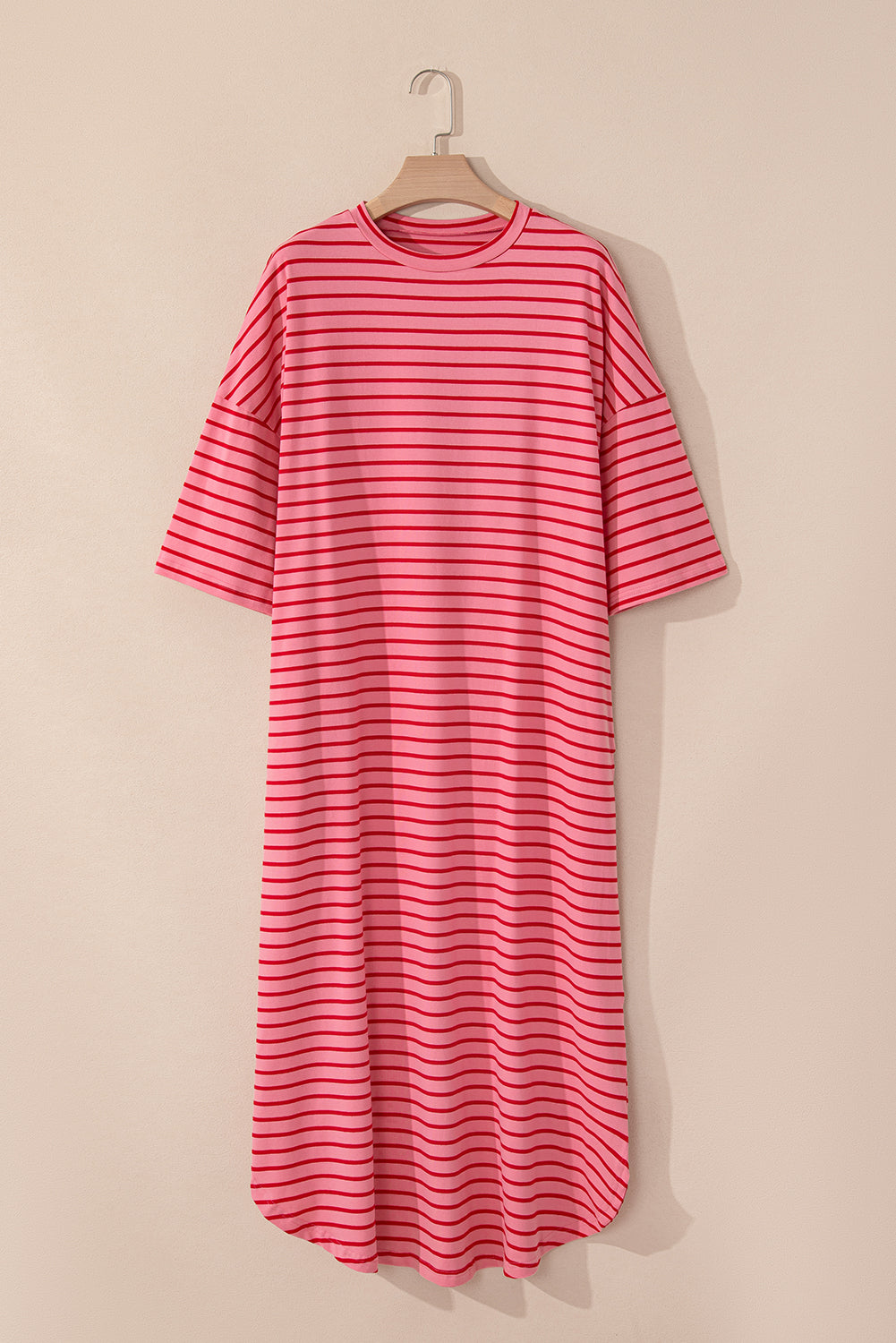 Strawberry Pink Striped 3/4 Sleeve Round Hem Shift T Shirt Dress for Women