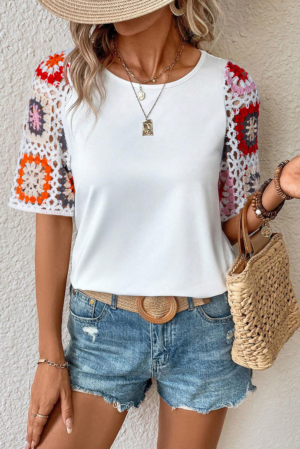 Medium Grey Floral Crochet Short Sleeve Top Tee T-shirt