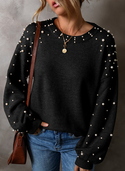 Black Pearled Drop Shoulder Round Neck Sweater