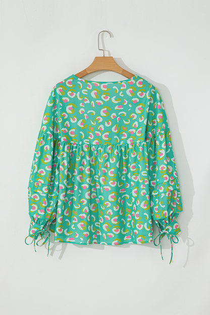 Green Abstract Printed Lace-up Lantern Sleeve Babydoll Blouse Top of Women