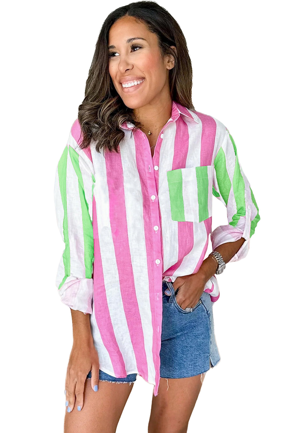 Rose Stripe Colorblock Chest Pocket Button up Shirt Top of Women