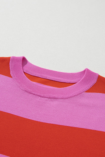 Bright Pink Colorblock Striped Knitted T shirt for Women