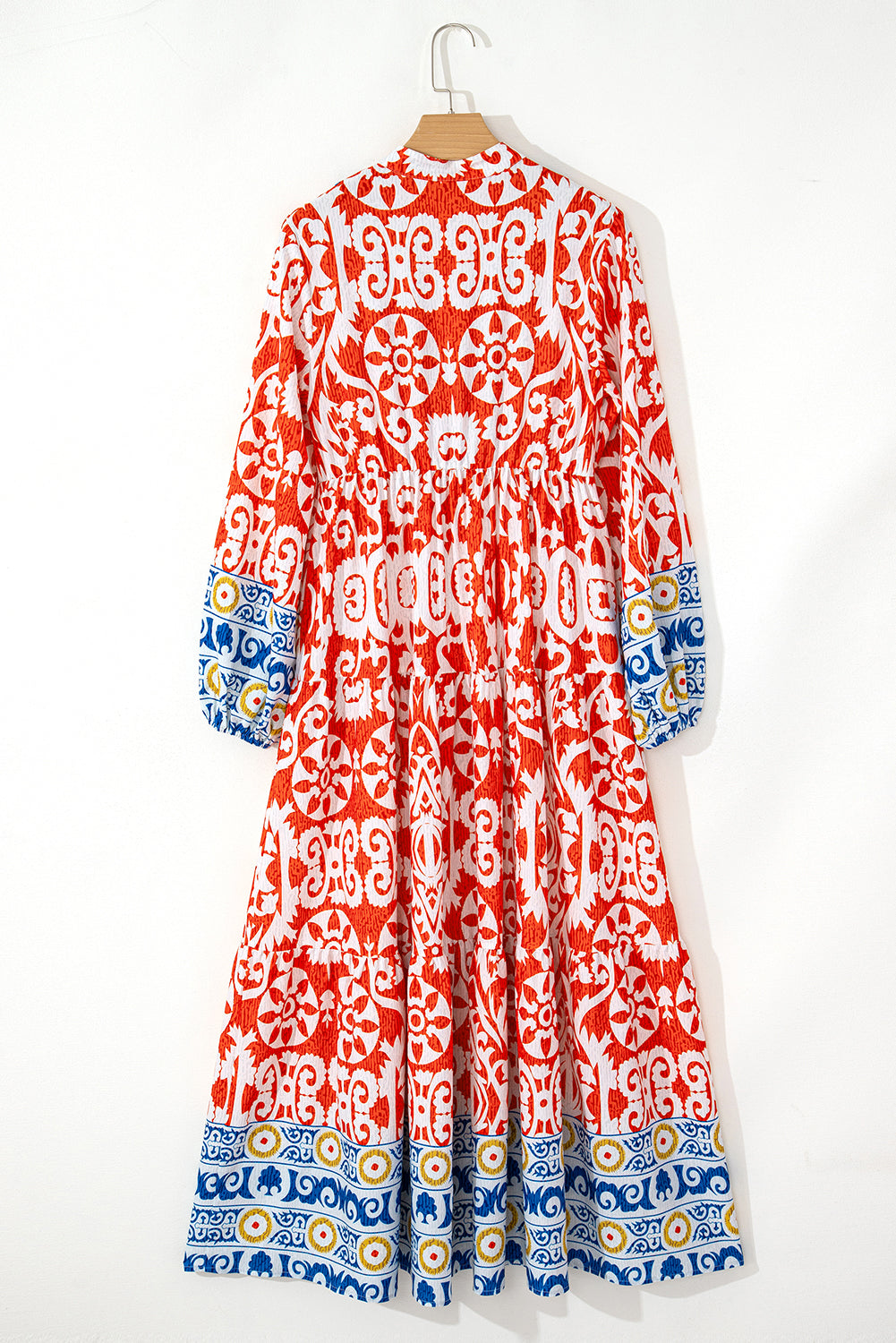 Orange Boho Geometric Printed Long Sleeve Maxi Dress