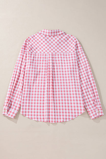 Pink Gingham Print Chest Pockets Buttoned Collared Shirt Top of Women