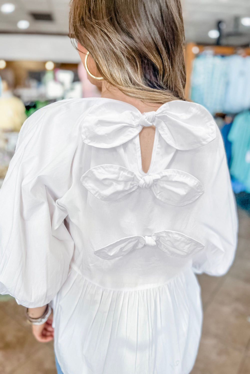 White Bow Knot Cutout Back Loose Fit 3/4 Sleeve Blouse Top of Women