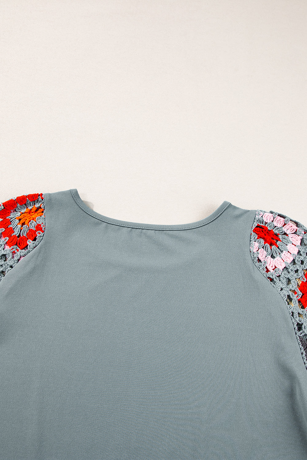 Medium Grey Floral Crochet Short Sleeve Top Tee T-shirt