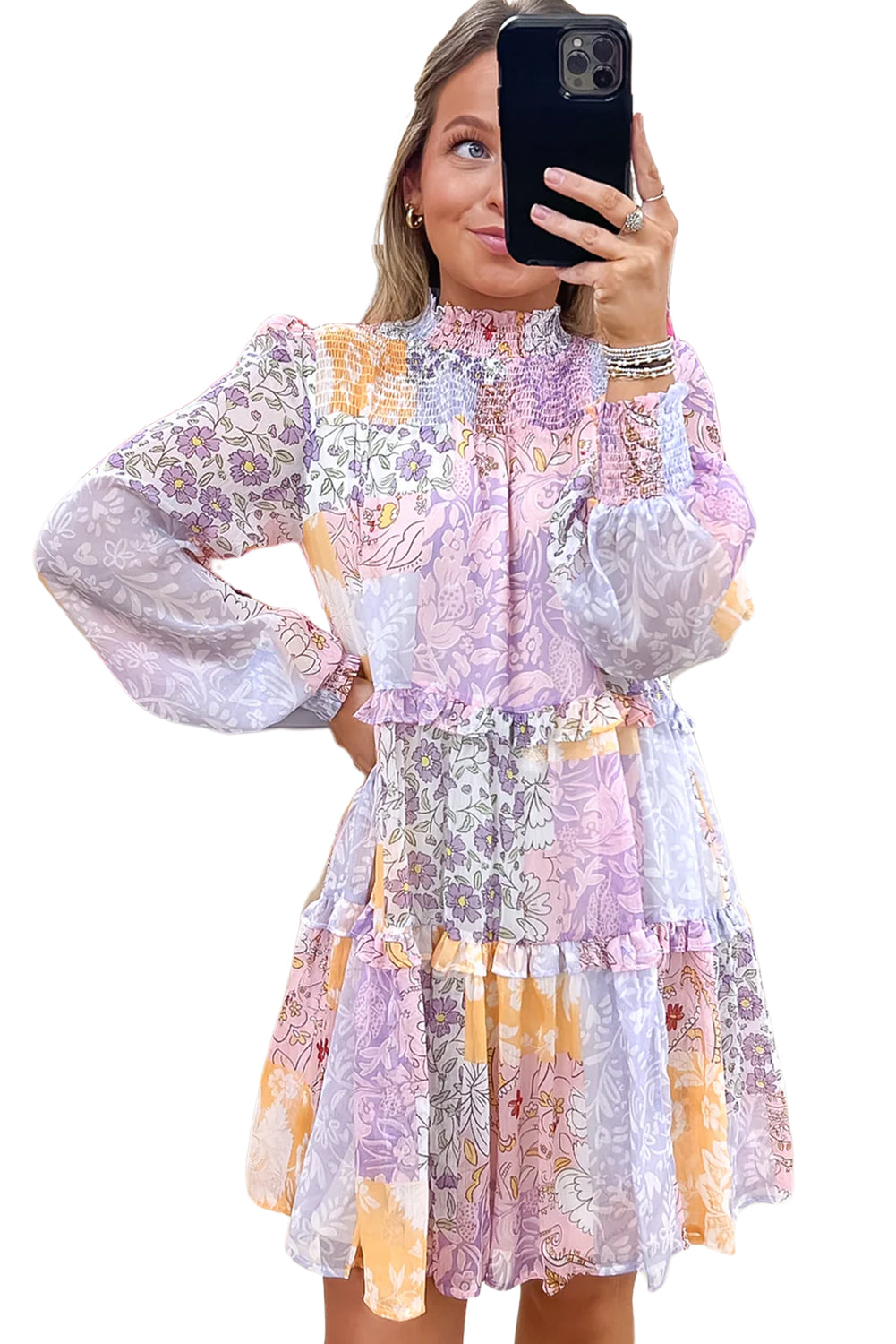 Multicolour Floral Smocked Mock Neck Ruffled Tiered Bubble Sleeve Dress for Women