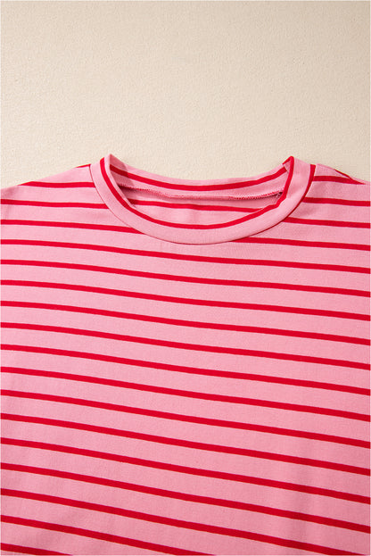 Strawberry Pink Striped 3/4 Sleeve Round Hem Shift T Shirt Dress for Women