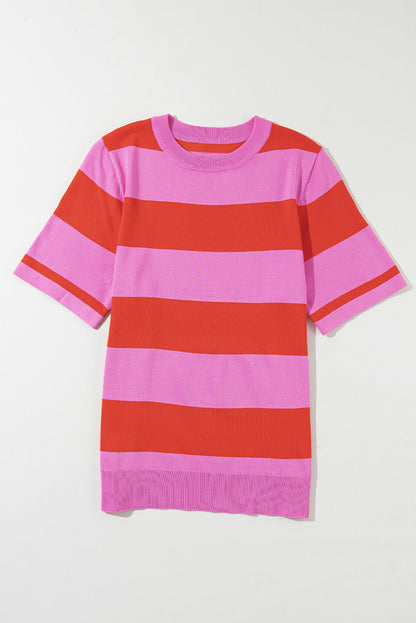 Bright Pink Colorblock Striped Knitted T shirt for Women