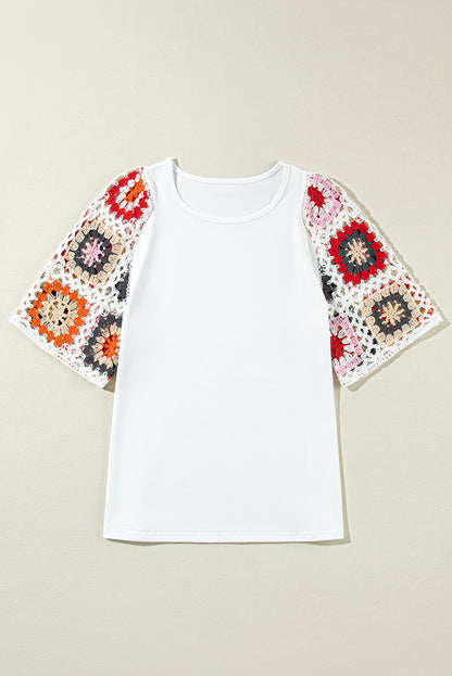 Medium Grey Floral Crochet Short Sleeve Top Tee T-shirt