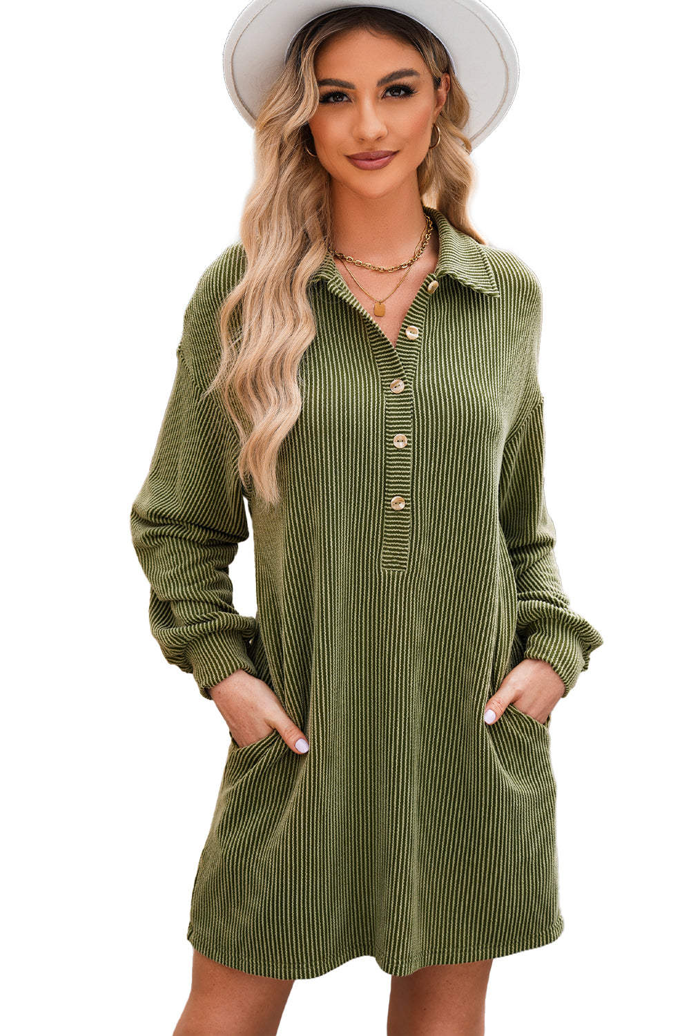 Moss Green Corded Buttons Placket Drop Shoulder Collared Shift Dress for Women