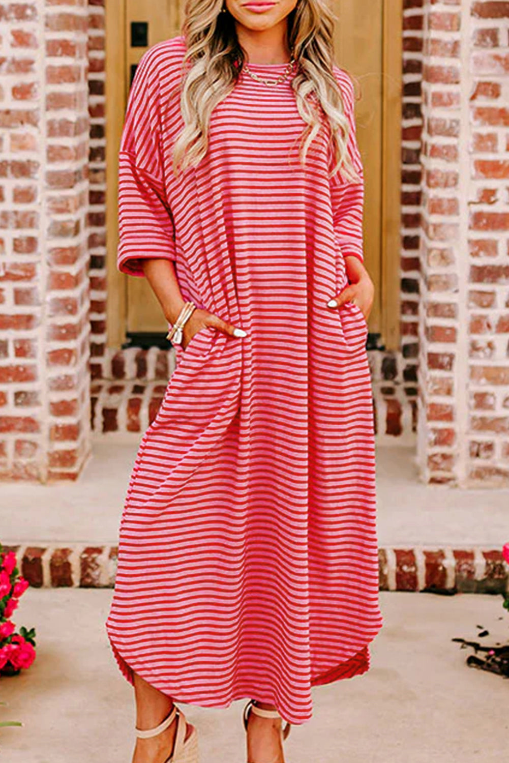 Strawberry Pink Striped 3/4 Sleeve Round Hem Shift T Shirt Dress for Women