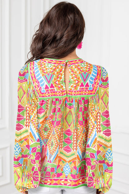 Orange Geometric Print Long Sleeve Keyhole Back Blouse Top of Women