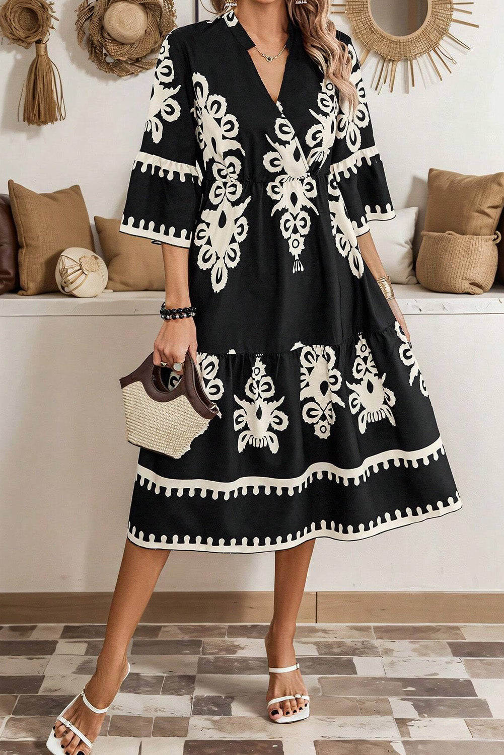 Beige Western Geometric Print 3/4 Sleeve Loose Midi Dress