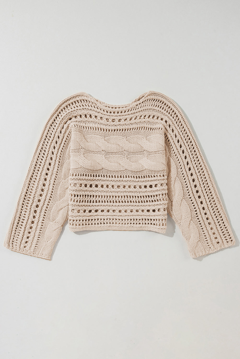 Black Hollow-out Cable Knit Cropped Sweater Top for Women