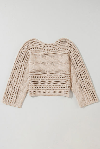 Black Hollow-out Cable Knit Cropped Sweater Top for Women