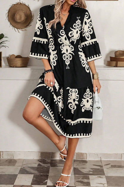 Beige Western Geometric Print 3/4 Sleeve Loose Midi Dress