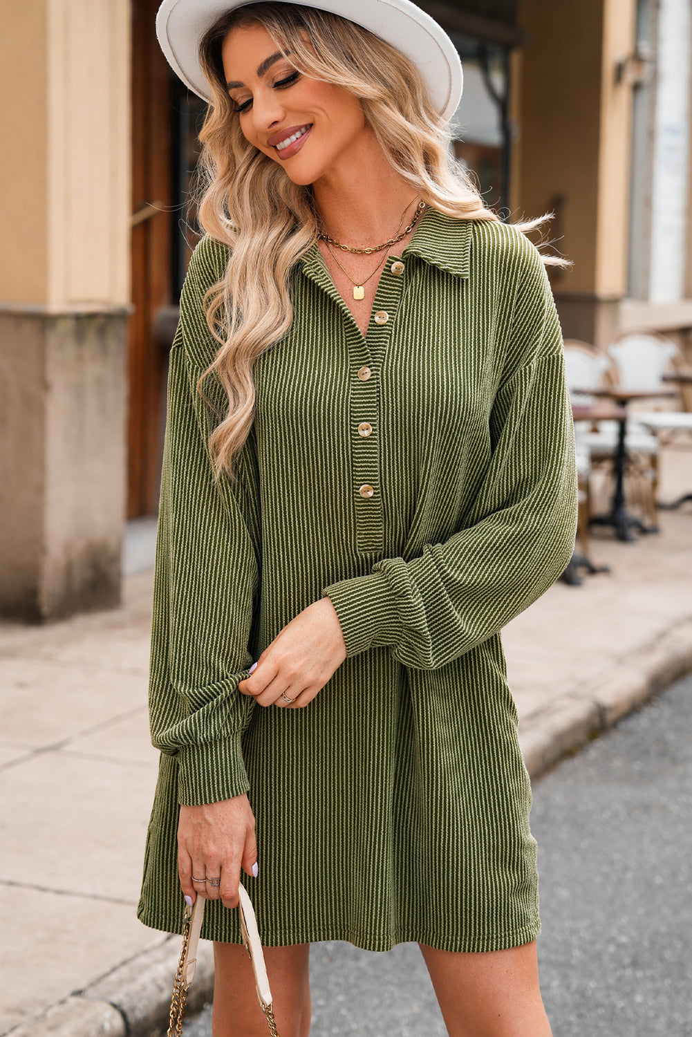 Moss Green Corded Buttons Placket Drop Shoulder Collared Shift Dress for Women