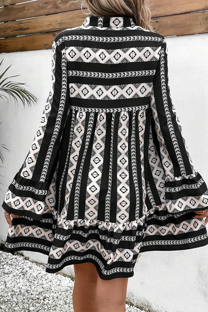 Black Boho Geometric Printed Flared Long Sleeve Mini Dress for Women