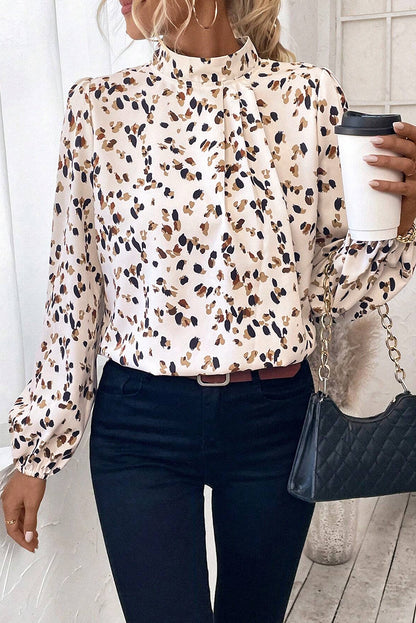 White Leopard Print Lantern Sleeve Mock Neck Pleated Blouse Top of Women