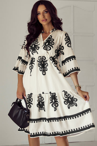 Beige Western Geometric Print 3/4 Sleeve Loose Midi Dress