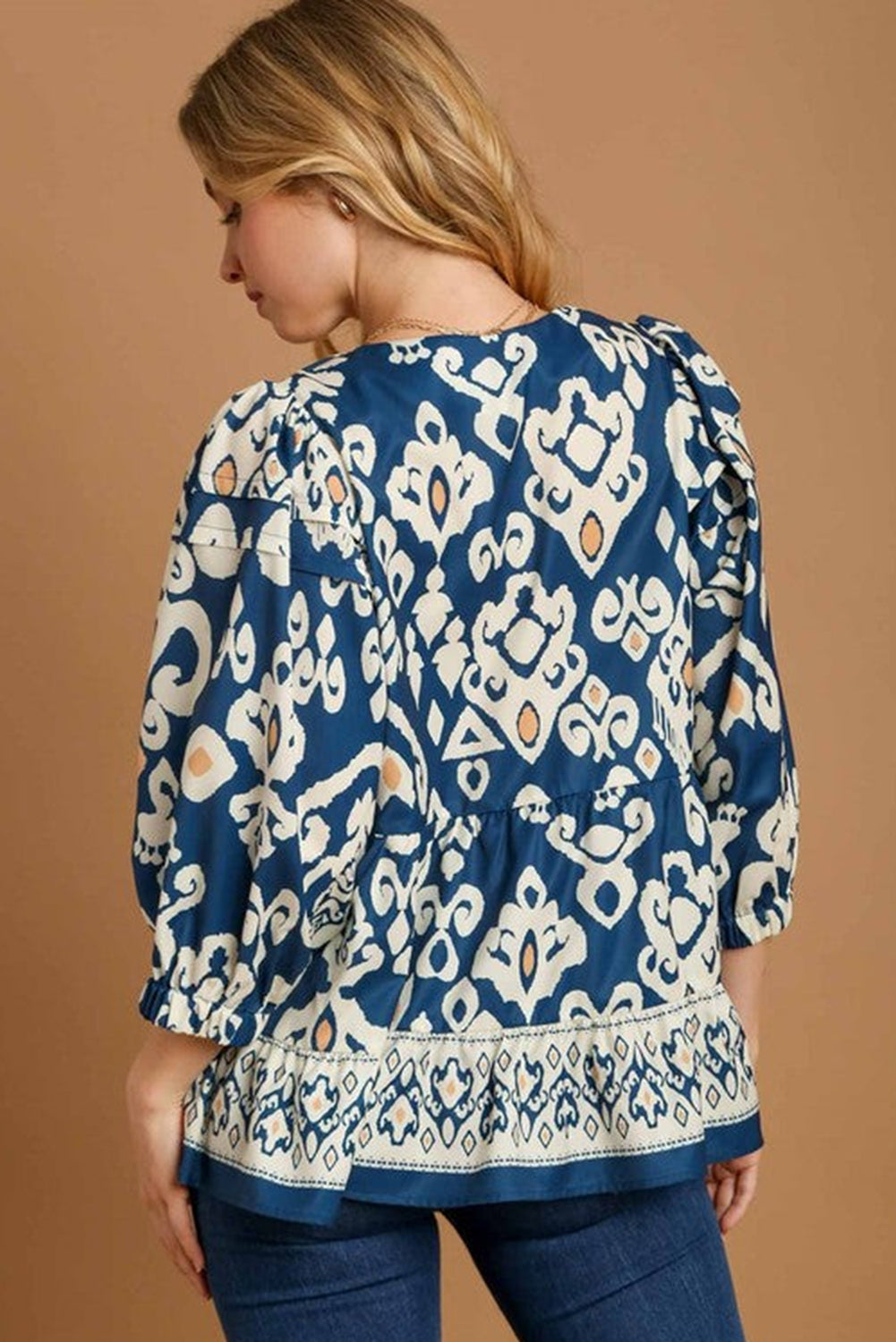 Blue Tribal Geometric Print 3/4 Sleeve Flowy Fit Blouse Top of Women