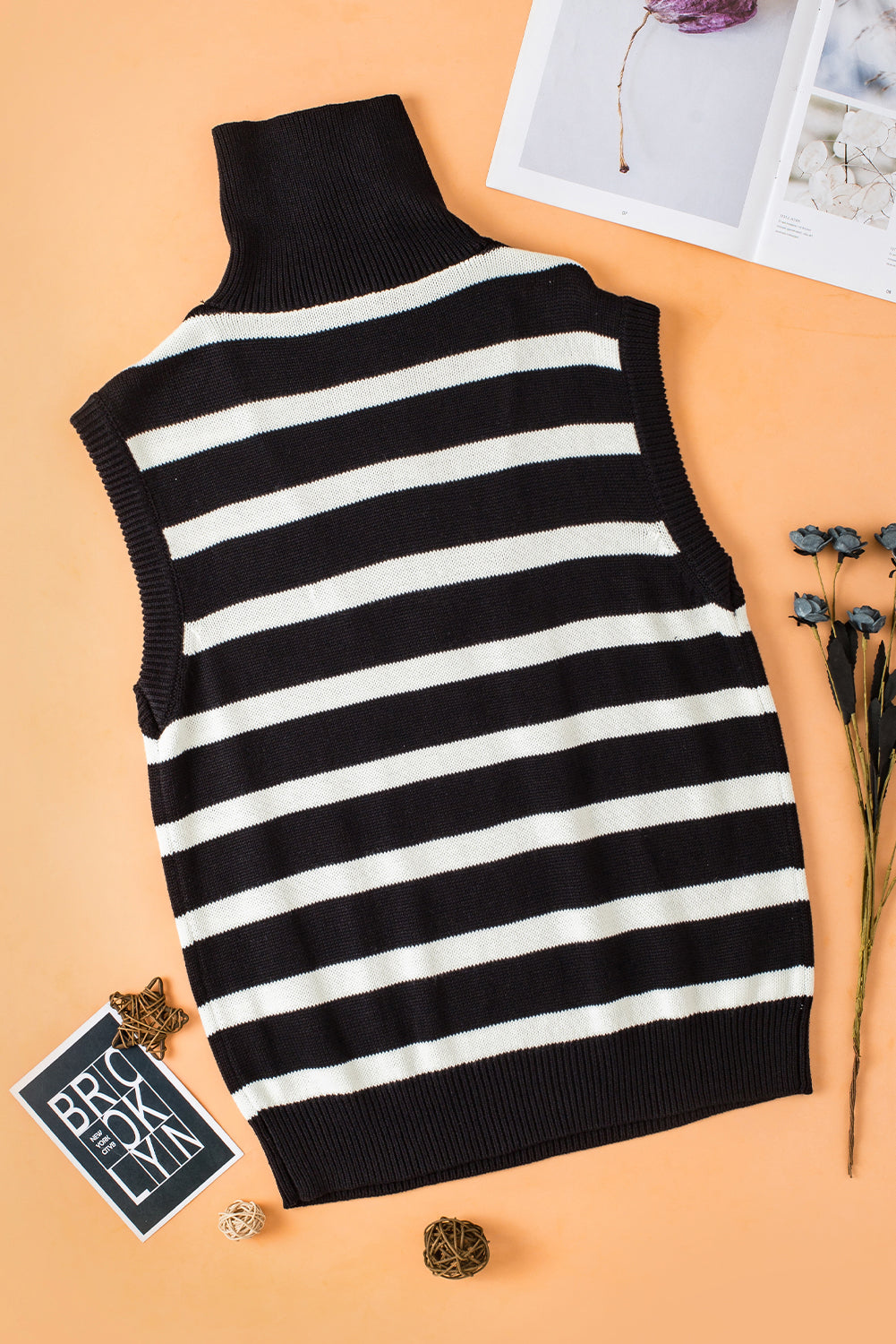 Black Stripe Zipped Collar Knit Sweater Tank Top for Women