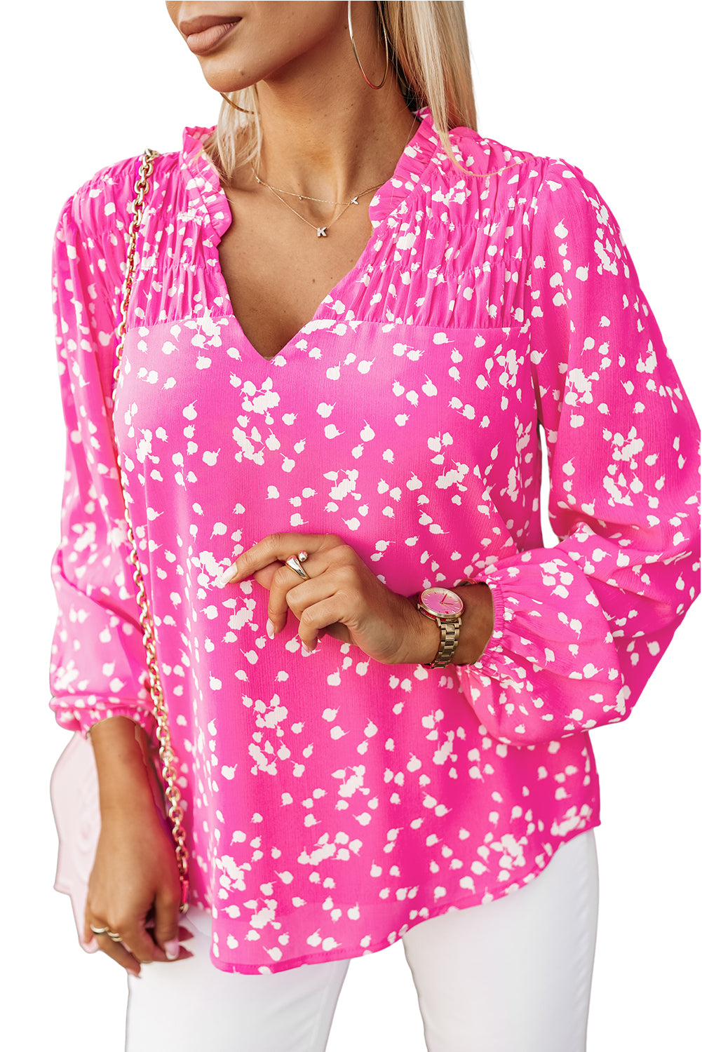 Pink Split Neck Fall Printed Crinkled Blouse