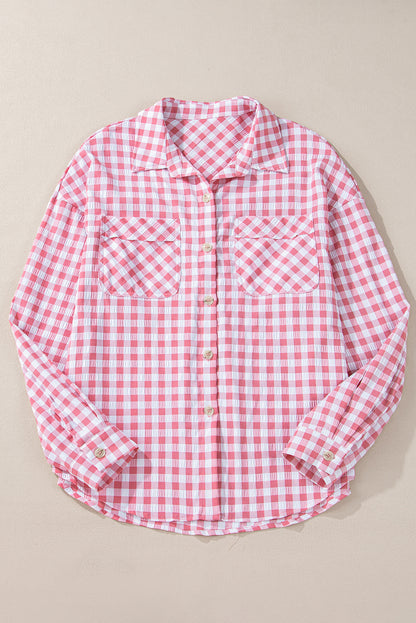 Pink Gingham Print Chest Pockets Buttoned Collared Shirt Top of Women