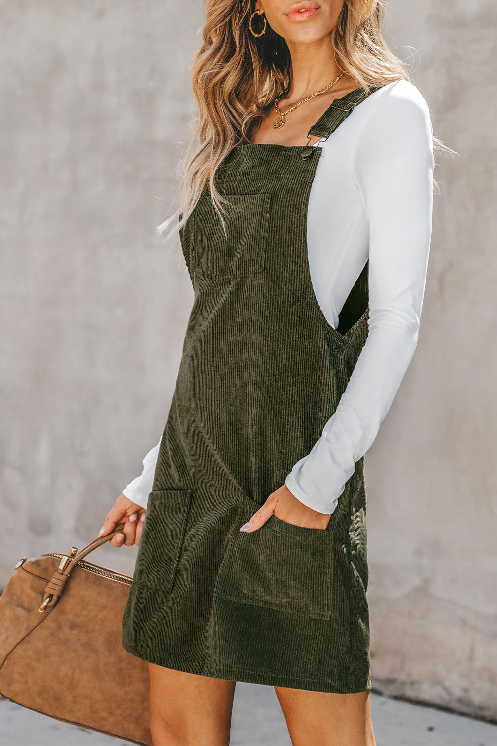 Cinnamon Solid Front Pockets Sleeveless Corduroy Overall Dress for Women